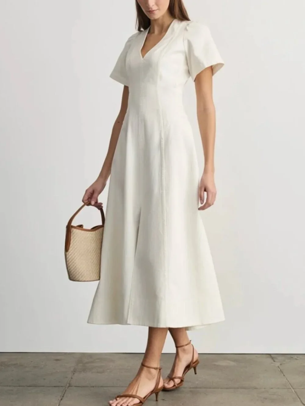 Tanya Taylor Renzo Denim Midi Dress Chalk Ivory Quiet Lux